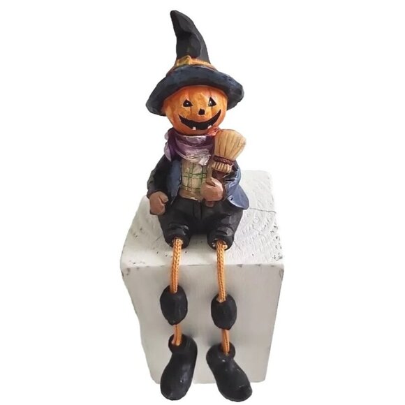 Pumpkin Head Scarecrow Figurine Shelf Sitter Resin Halloween Decor Dangle Legs - Picture 3 of 12